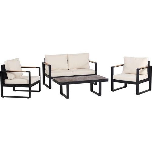 Happy Home Gartenmöbel Lounge-Set Lounge-Sessel mit Sofa & Coffee Table aus Aluminium schwarz mit Teakholz