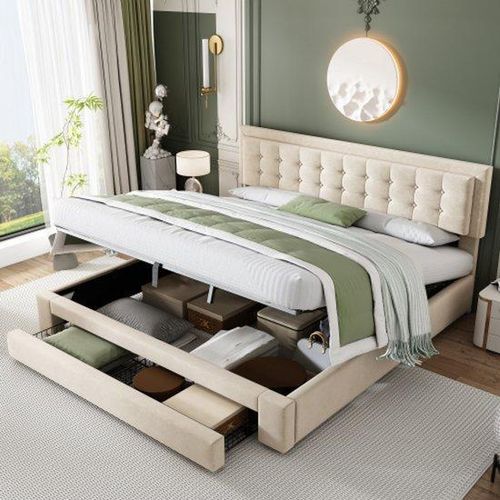 Zweisitziges Bett mit Lattenrost, Bezug aus weichem Beige-Flausch, großes Aufbewahrungsnetz, 180 x 200 cm