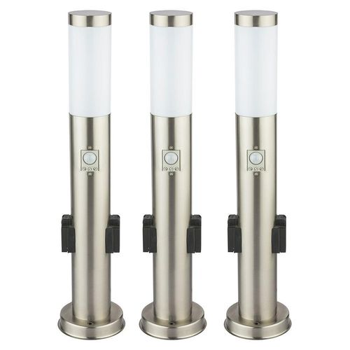 3er Set Stehleuchte, silber, Bewegungsmelder, 2x Steckdose