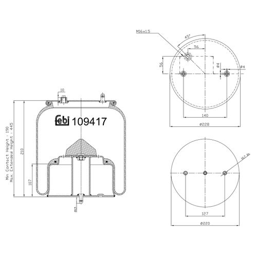 FEBI BILSTEIN Federbalg, Luftfederung 109417 ungelenkte Vorlaufachse 220mm