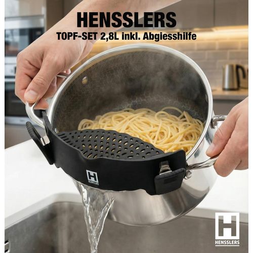 Kochtopf HENSSLERS "HENSSLERS Topf-Set - inkl. HENSSLERS Abgießhilfe", silberfarben, H:14cm L:22cm Ø:20cm, Töpfe, Kochtopf