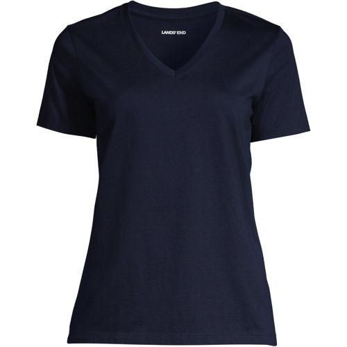 Supima Kurzarm-Shirt mit V-Ausschnitt für Damen in Petite-Größe, Damen, size: petite, Blau, Baumwolle, by Lands' End