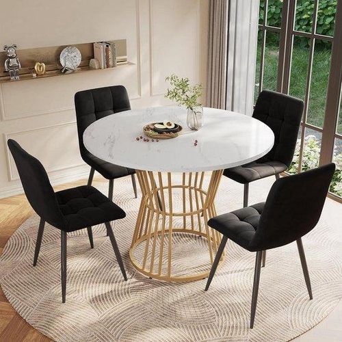 Esszimmer-Set - Gourmet-Tisch mit Stühlen - Gemeinsames Essen - Marmorkeramik-Tischplatte - 100 cm Durchmesser - Weiß und Schwarz