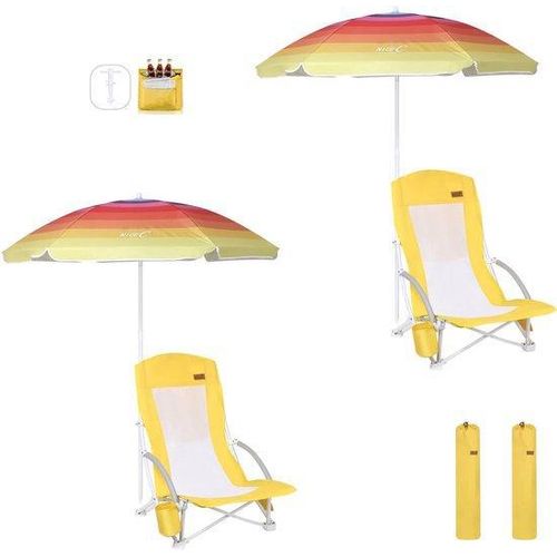 Gemeinschaftsunterhaltener Strandliegestuhl mit Sonnensegel und Kühltüte, Freiluft, Gelb