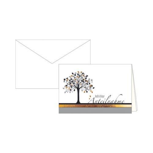 Trauerkarte Aufrichtige Anteilnahme, Motiv Baum mit Goldfolienprägung, 10er-Set