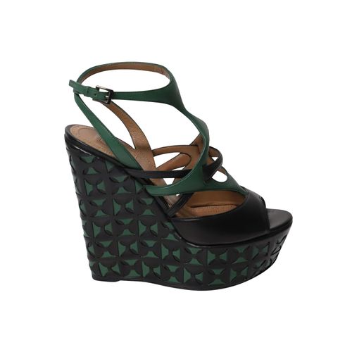 Alaia Laser-Cut Mandje Weef Wedges in Groens Leer