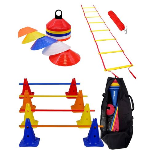 Koordinationsset mit Koordinationsleiter, Markiertellern, Sprunghürden und Tasche – für Parcours, Bewegung und Koordination – Schule, Sport und Hundetraining
