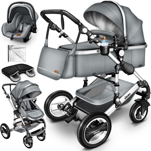 KIDUKU® 3 in 1 Kombi Kinderwagen Grau/Silber Buggy Reisebuggy inkl. Auto- Babyschale Faltbar ECE R129