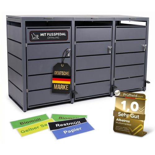 Mülltonnenbox 3er mit Pedal, 120L bis 240L, für drei Tonnen, Metallverkleidung aus verzinktem Stahl, Anthrazit Grau RAL7016