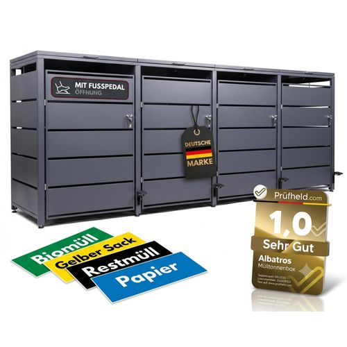 Mülltonnenbox 4er mit Pedal, 120L bis 240L, für vier Tonnen, Metallverkleidung aus verzinktem Stahl, Anthrazit Grau RAL7016