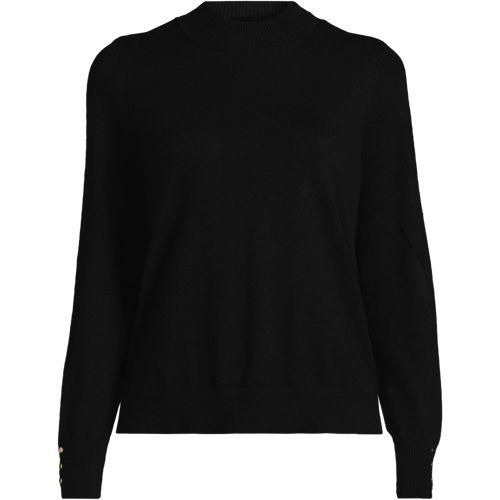 Stehkragenpullover mit Ärmelknöpfen für Damen in Petite-Größe, Damen, size: petite, Schwarz, by Lands' End