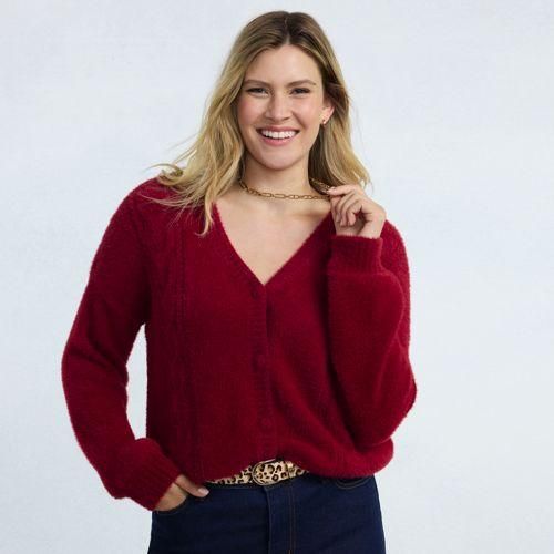 Zopfmuster-Cardigan aus Wimperngarn für Damen in Petite-Größe, Damen, size: petite, Rot, Nylon, by Lands' End