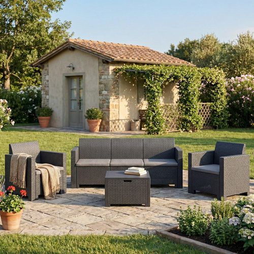 Lounge-Set für den Außenbereich Dmüh, Gartenmöbel-Set mit Kissen, Sitzbereich für den Innenbereich in Rattan-Optik, 100 % Italy, Anthrazit