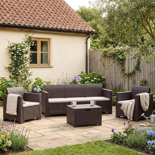 Lounge-Set für den Außenbereich Dmüh, Gartenmöbel-Set mit Kissen, Sitzbereich für den Innenbereich in Rattan-Optik, 100 % Italy, Braun
