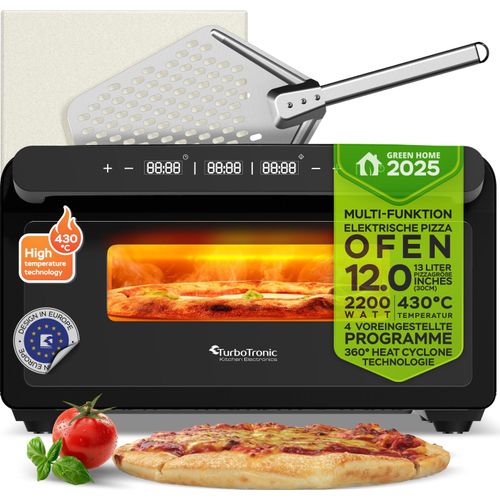 TurboTronic Pizzaofen – PO15 – bis 430 °C, Pizza bis 30 cm in 2 Min., mit Pizzastein & Pizzaschieber, Edelstahl, Schnellaufheizung, für Pizza, Steak & Lahmacun schwarz