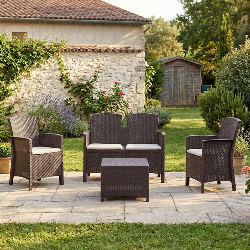 Lounge-Set für den Außenbereich Dmorat, Gartenmöbel-Set mit Kissen, Sitzbereich für den Innenbereich in Rattan-Optik, 100 % Italy, Braun