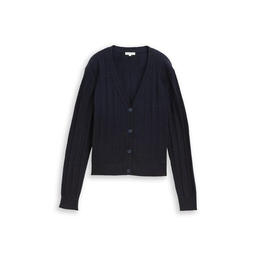 TOM TAILOR Damen Rib Cardigan mit Wollanteil, blau, Uni, Gr. XXL