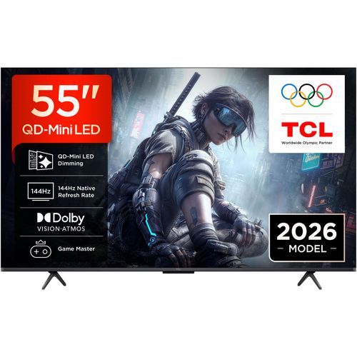 TCL Mini-LED-Fernseher "55T8D", Energieeffizienz: F (A-G), schwarz, 55 ″, Fernseher, QD-Mini LED, AiPQ Pro Prozessor, 144Hz, ONKYO 2.1, Apple AirPlay 2