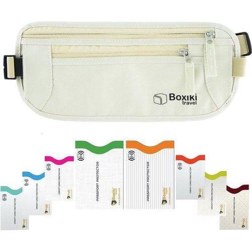 Famanu Reisegeldgürtel mit RFID-Schutz - Beige mit weißen RFID-Hüllen (6 Kreditkarten + 2 Reisepässe)