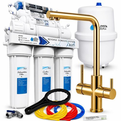 Wasserfilter Set RO7 mit 3-Wege Küchenarmatur Ari Venom 1, 7-stufige Filtration, Gold