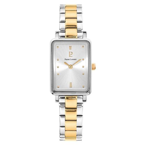 Damen Edelstahl Uhr 28.4 x 21 mm, zweifarbiges Armband, silbernes Zifferblatt mit goldenen Indizes, 30m wasserdicht