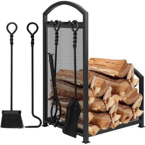 Famanu Holzregal mit 4 Kaminwerkzeugen - Schwarz