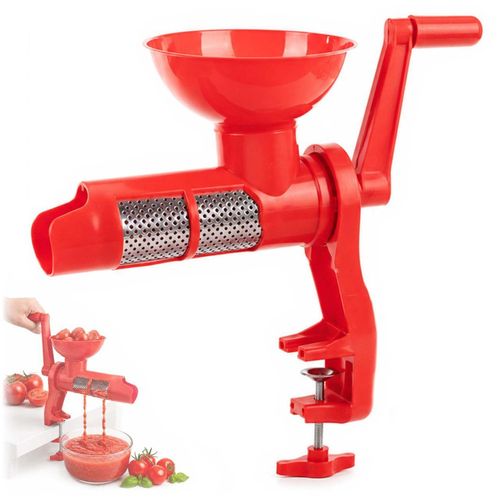KADAX Manuelle Tomatenpresse, Passiermühle aus Edelstahl und Kunststoff, Tomaten Entsafter, Passiermaschine mit Handkurbel, Trichter, Passiersieb & Tischklemme
