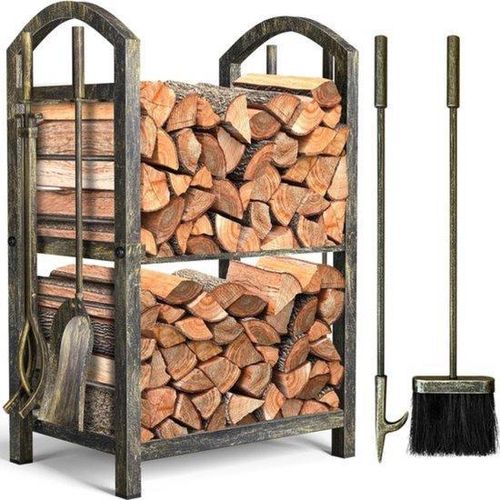 Famanu Holzregal mit 4 Kaminwerkzeugen - 74 x 40 x 30 cm