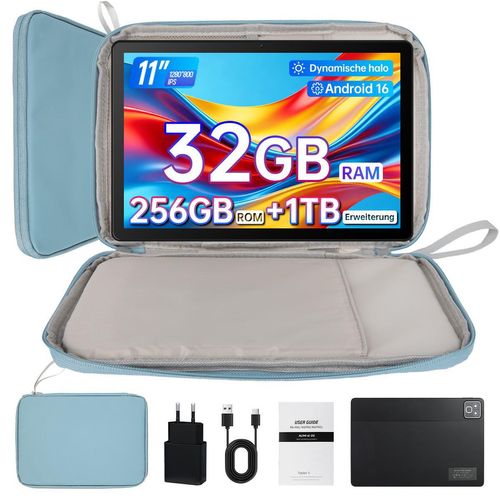 Tablet 11 Zoll, 32(3+29)GB RAM, 256 GB ROM, 7800 mAh, Gesichtserkennung, Dual-Lautsprechern, Android 16, mit Tasche