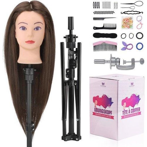 Famanu Friseurkopf mit 60% Echthaar und verstellbarem Stativ - 71 cm lang, braun