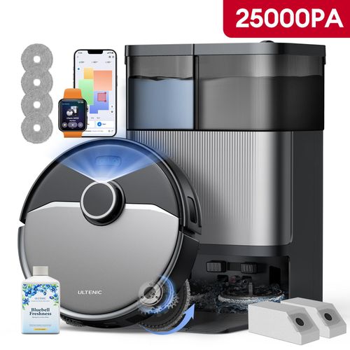 Ultenic Nass-Trocken-Saugroboter 25000Pa Saugkraft,Staubsauger Roboter mit Absaugstation 3L, 9-in-1 Automatikstation, Dual-Airflow-Heißlufttrocknung