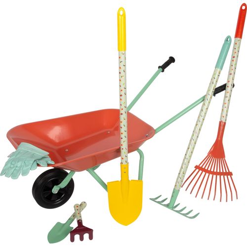 Schubkarre SMALL FOOT "Gartenset mit Schubkarre", bunt, Schubkarren, KinderB:36cm H:50cm T:78cm, Kunststoff, Metall, für Kinder; mit Gartenwerkzeug, B:36cm H:50cm T:78cm