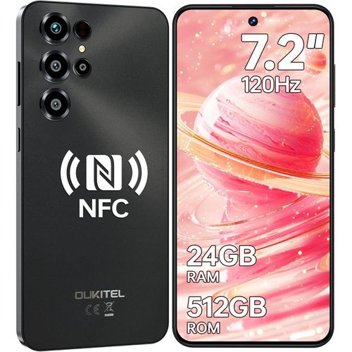 OUKITEL C68 24GB(8+16)+512GB/1TB TF Smartphone Ohne Vertrag, 7,2 Zoll 120 Hz HD+ IPS Display, 6000 mAh 64 MP Android 15 4G Dual-SIM Handy,NFC, Schwarz