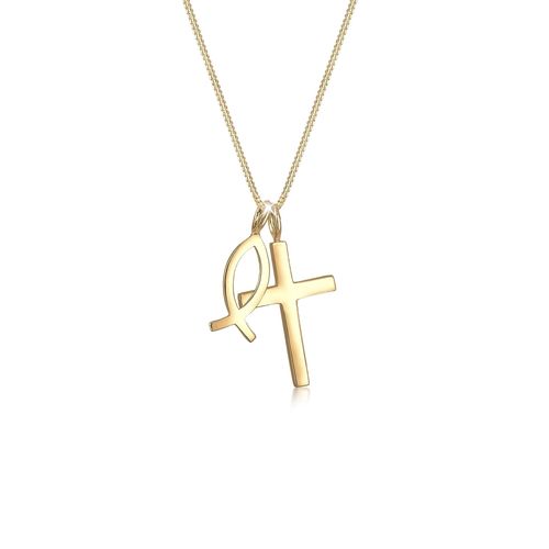 Kette mit Anhänger ELLI "Kreuz Fisch Symbol Religion 925 Silber" Gr. 45, gold, Halsketten, Damen, 45, ohne Stein, Silber 925 (Sterlingsilber), L: 45