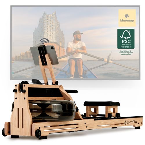 SportPlus I Holz-Wasser-Rudergerät I für zuhause, aus Natur-Massivholz, Rudermaschine, Rudergerät Wasser, Rudergerät Holz, mit Trainingscomputer, SP-WR-1800