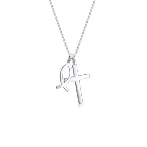 Kette mit Anhänger ELLI "Kreuz Fisch Symbol Religion 925 Silber" Gr. 45, silber, Halsketten, Damen, 45, ohne Stein, Silber 925 (Sterlingsilber), L: 45