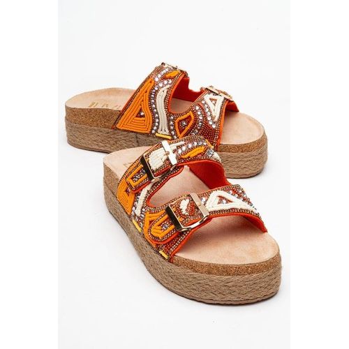 Bobby Beaded Straw Platform Slide Sandaal