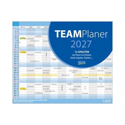 Korsch Wandkalender Teamplaner 2027, 12 Spalten, Ferientermine und Vorschau bis März 2028, Kalendarium für D/GB/F/I, L 360 x B 440 mm, weiß