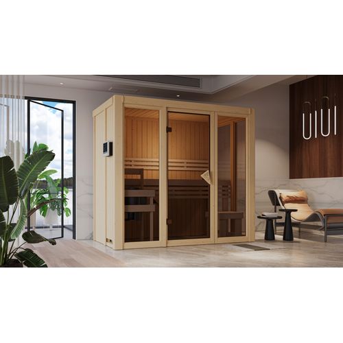 Sauna KARIBU "Vivi 2", beige (naturbelassen), Bio-Ofen, externe Steuerung, 3,6 kW, Saunen, Mit 3,6 kW Ofen und externe Steuerung easy