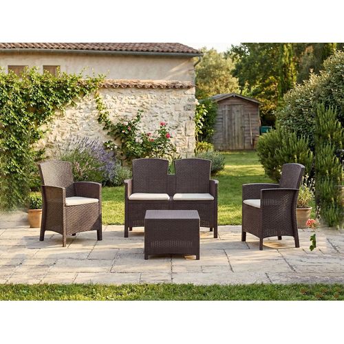 Lounge-Set für den Außenbereich Dmorat, Gartenmöbel-Set mit Kissen, Sitzbereich für den Innenbereich in Rattan-Optik, 100 % Italy, Braun