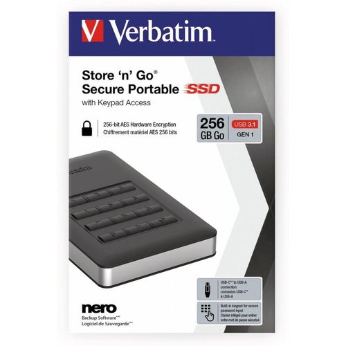 Verbatim Tragbares Store 'n' Go-SSD mit Tastenfeldzugriff 256 GB, 256 GB, USB Typ-C, 3.2 Gen 1 (3.1 Gen 1), Passwortschutz, Schwarz, Silber