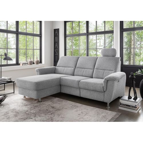 Ecksofa >Ludwigshafen< Motor-funktion, Kopfstütze, Stauraum, silber - 231x113x165 (BxHxT)