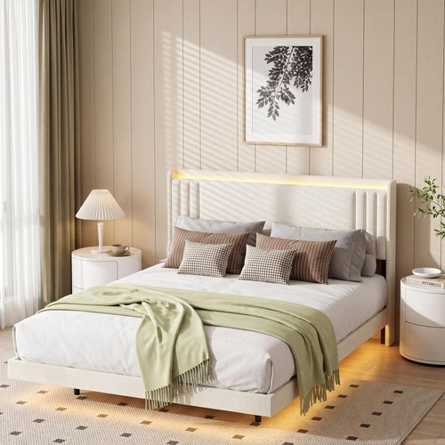 BEALIFE Polsterbett 160x200 cm mit USB-Ladefunktion, LED-Licht & Kopfteil | Metallgestell, 18 cm Bodenfreiheit | Beige BF29