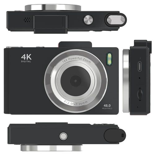 Retro Digitalkamera - Kompakte Kinderkamera - 48 MP, 7,1 cm HD-Display, Autofokus, 16x Digitalzoom, Selfie/Dual-Kamera, 64 GB - Schwarz
