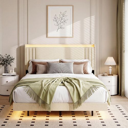 BEALIFE Polsterbett 140x200 cm mit USB-Ladefunktion, LED-Licht & Kopfteil | Metallgestell, 18 cm Bodenfreiheit | Beige BF29