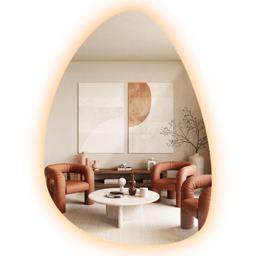 Exklusiver Badspiegel mit Licht – 64x90 cm – warmweiß 3000K – rahmenloser Formspiegel mit LED Beleuchtung für moderne Räume