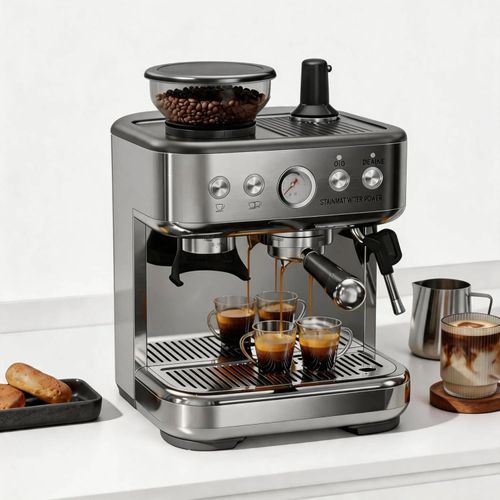 Espressomaschine - Siebträgermaschine - Integrierte Kaffeemühle - Professionelle Milchaufschäumdüse - Edelstahlgehäuse - Silber