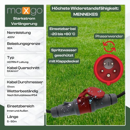 CEE Verlängerung 32A MENNEKES 5G4 5x4 H07RN-F mit/ohne Phasenwender 5-50m, Phasenwender:ja, Länge:25m