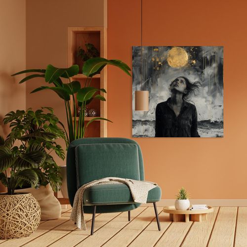 Acrylglasbild QUEENCE "Goldener Mond bei Nacht", schwarz (farbe rahmen: ohne rahmen), B:70cm H:70cm T:1,5cm, Acrylglas, Bilder, Acrylglasbild, HD Premium Kunstdruck in Galeriequalität