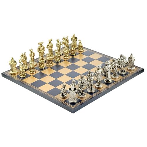ITALFAMA LENDSKNECHT Collector's Metal Chess Set + Leatherette Board GOLD/DEEP BLUE 40cm